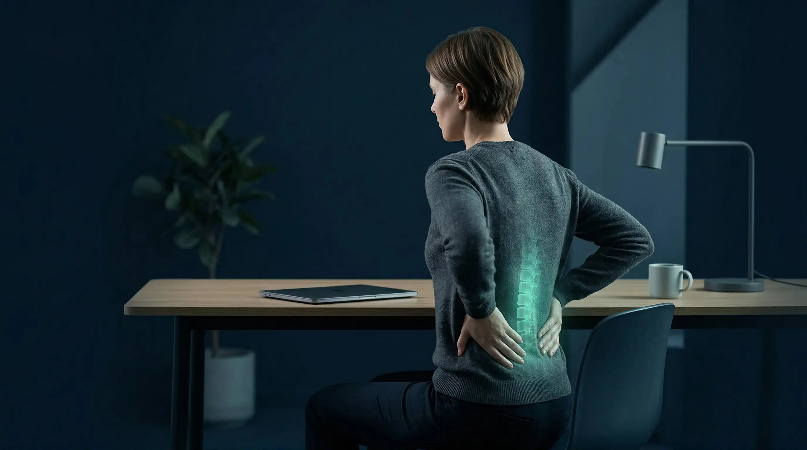 Person at desk with lower back pain — Quality Life Chiropractic Overland Park