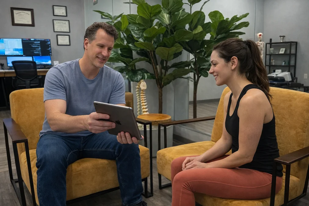 Consultation area at Quality Life Chiropractic in Overland Park, KS — two chairs with spine model