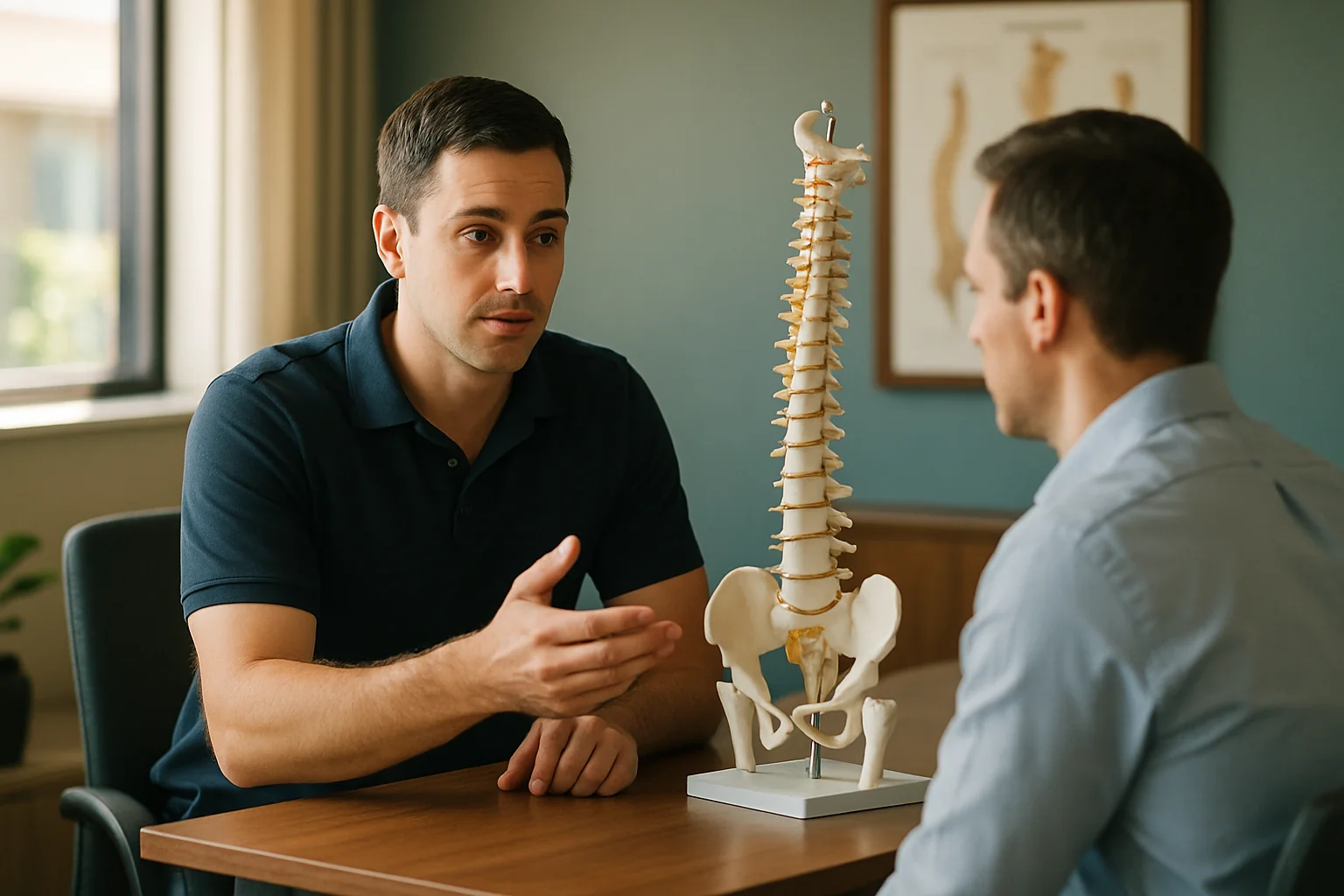 Chiropractor explaining spinal alignment and sleeping posture to a patient at Quality Life Chiropractic in Overland Park