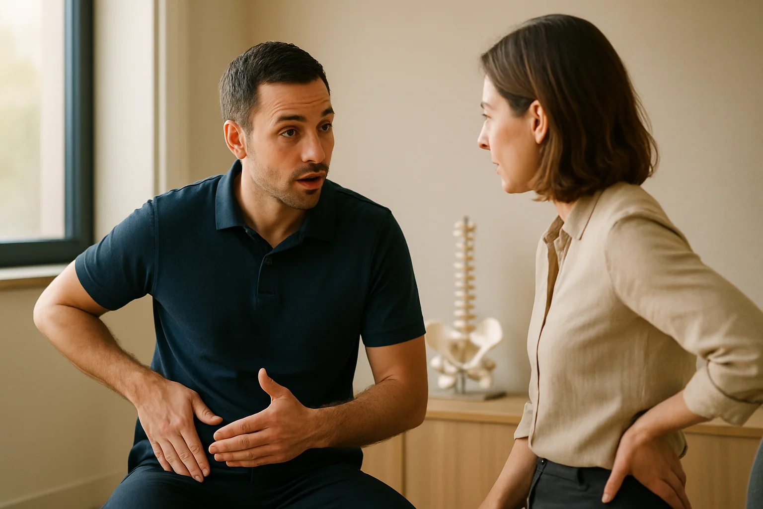 Chiropractor explaining buttock and hip pain to a patient — Quality Life Chiropractic Overland Park