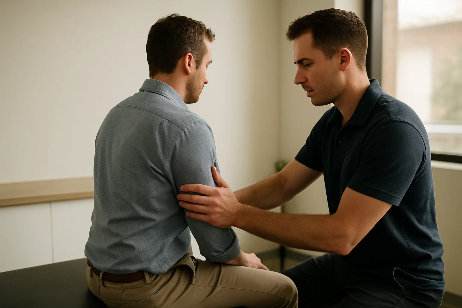 Chiropractor assessing a patient's rounded upper back and thoracic spine curve at Quality Life Chiropractic in Overland Park