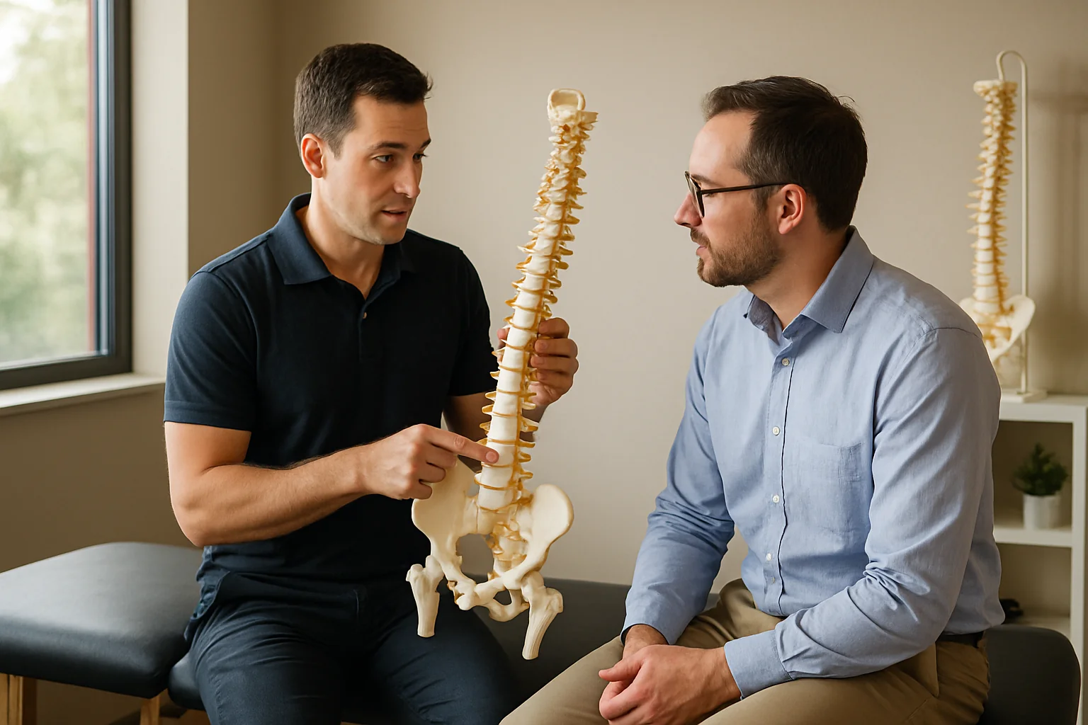 Chiropractor explaining disc herniation on a spinal model to a patient at Quality Life Chiropractic in Overland Park