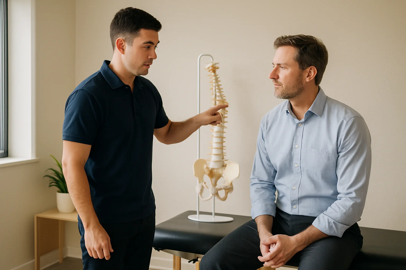 Chiropractor reviewing lumbar spine anatomy with a patient at Quality Life Chiropractic in Overland Park
