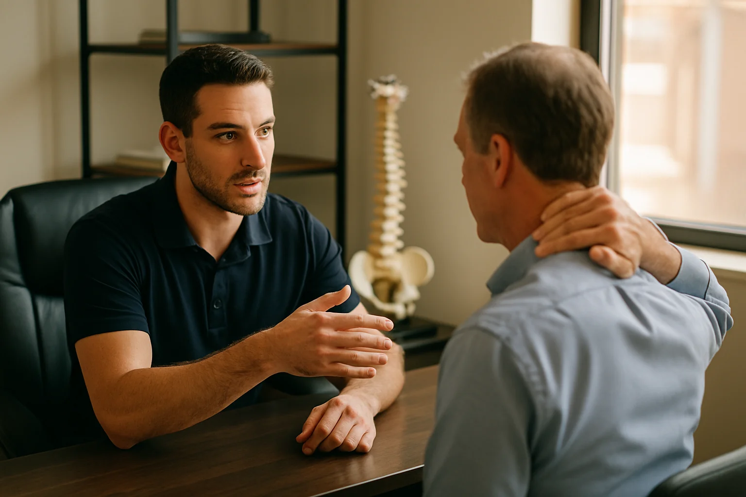 Chiropractor discussing neck pain and a spine model with a patient at Quality Life Chiropractic in Overland Park
