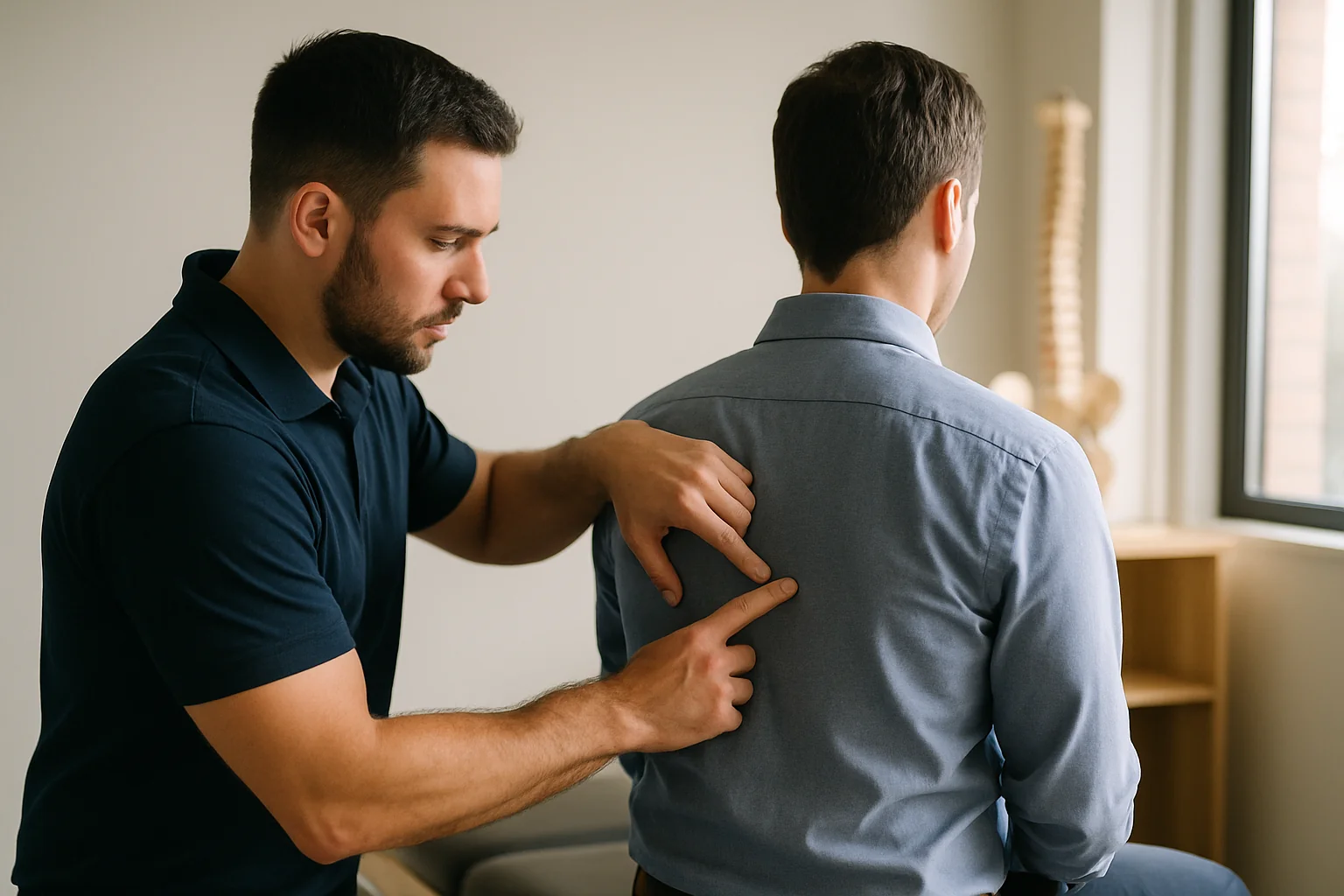 Chiropractor reviewing thoracic spine anatomy with a patient at Quality Life Chiropractic in Overland Park